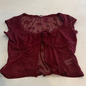 Garage Wine Lace Tie-Front Sheer Crop Top
